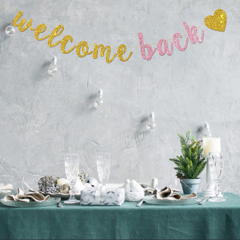 INNORU Welcome Back Banner, Gold and Pink Glitter Retirement Party Banner, Moving Away, Retirement Party Decorations, First Day of School Banner - Image 3